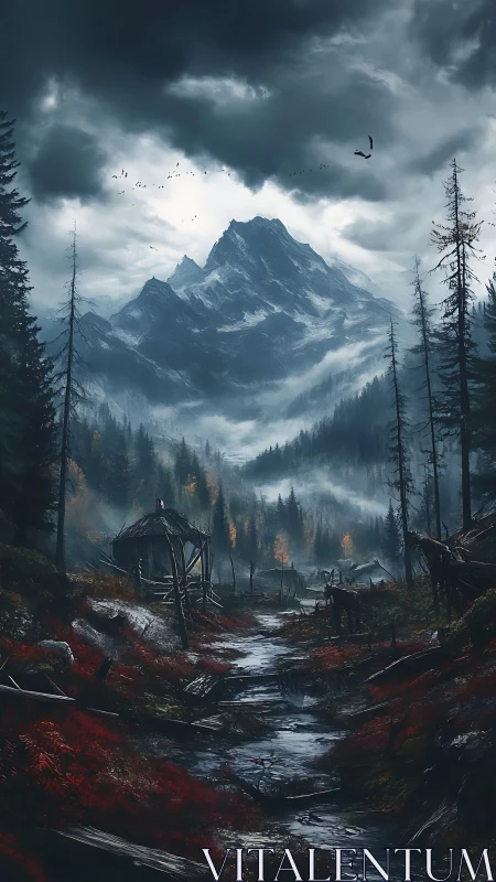 Stormy mountain valley with ruined cabins and dark forest.