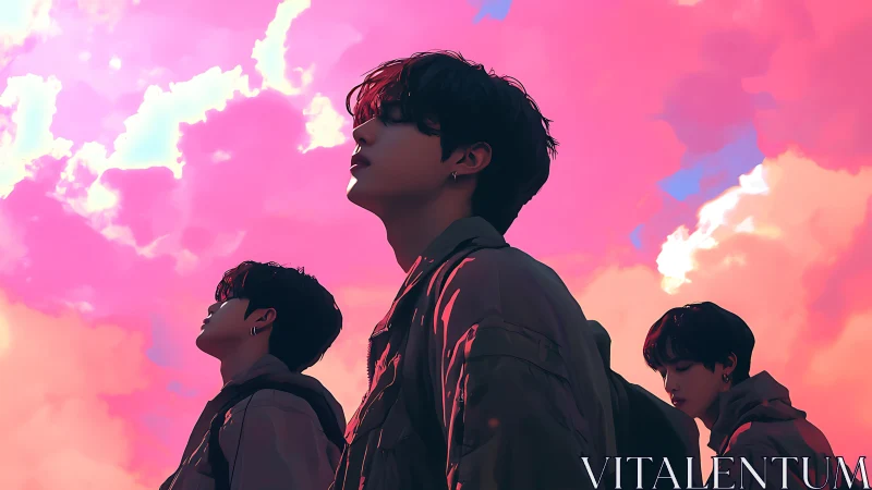 Digital trio under neon clouds in contemplative profile.