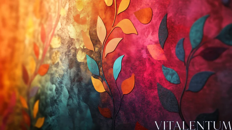 Chromatic leaf relief on textured gradient wall surface.
