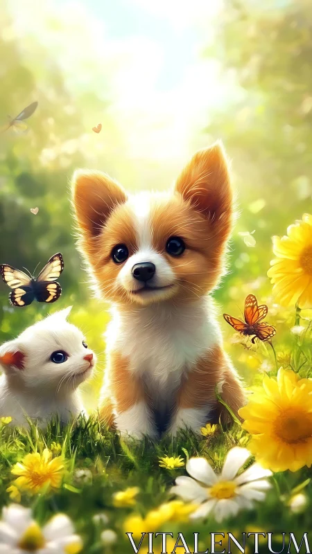 Sunlit meadow mischief with wide-eyed pup and kitten.