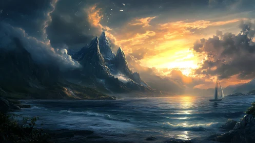Sunlit mountain seascape glows above a solitary sailing boat.