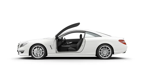 Side-elevation render of white coupe with vertical door system.