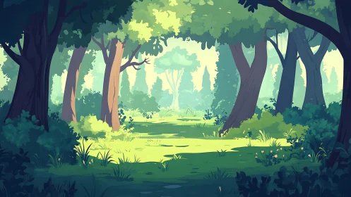 Sunlit Forest Clearing with Ancient Trees and Verdant Undergrowth.