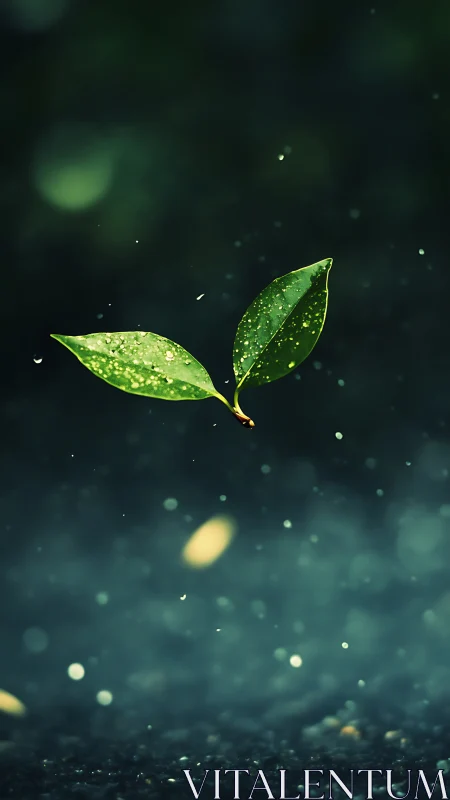 Suspended green leaf pair with rain droplets in shallow focus