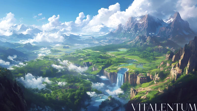 Sky-brushed valley kingdom with thunderous crystal falls.