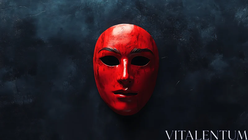 Scarlet theatrical mask on textured midnight background.