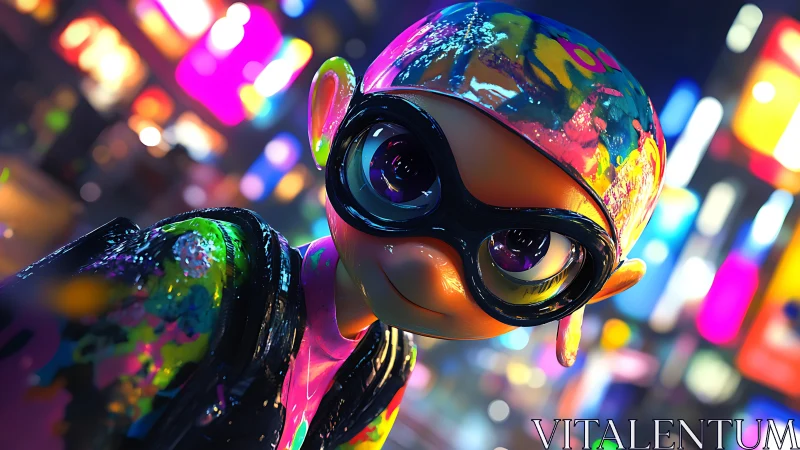 Neon inkling portrait under glowing city lights.