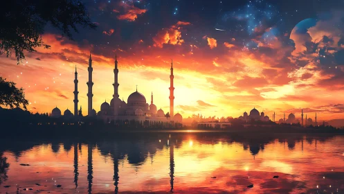Celestial mosque skyline mirrored in blazing cosmic sunset.