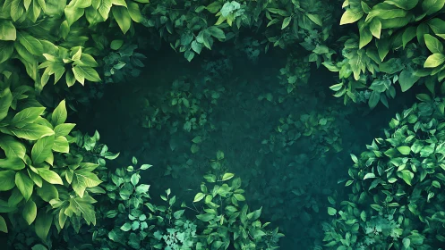 Dense green foliage frame surrounding deep teal background.