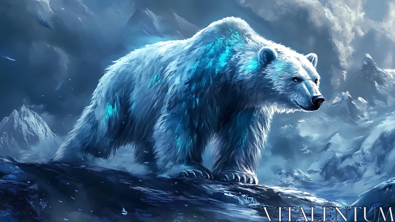 Luminescent polar bear on icy ridge in storm-laden arctic range