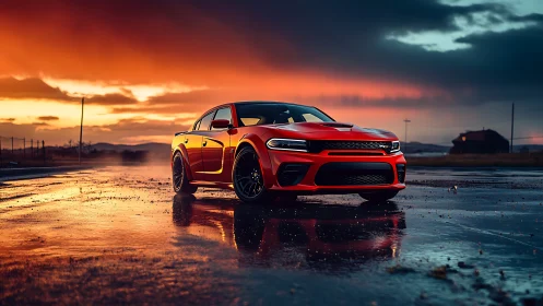 Sunset-red muscle car resting on a rain glazed country road.