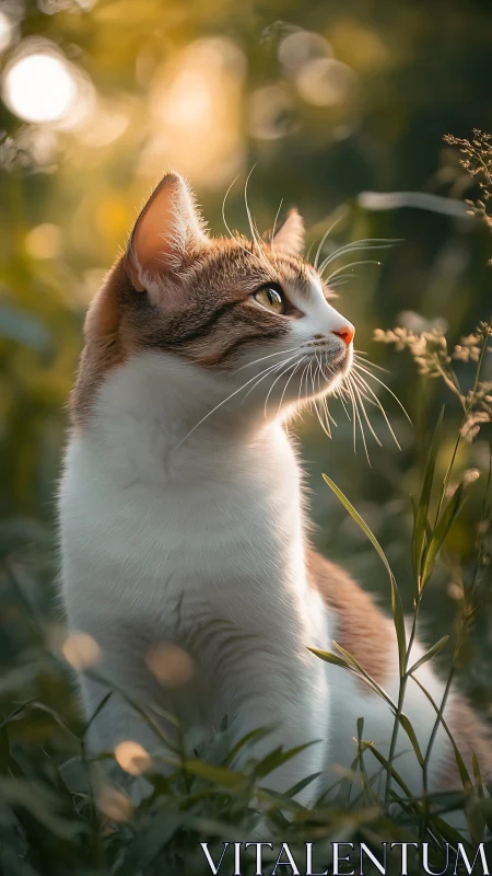 Tabby and White Cat Gazing in Golden Garden Light