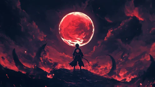 Lone warrior under red moon in apocalyptic crimson sky.