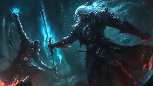 Dark armored warrior duels blue-lit mage in stormy cavern.
