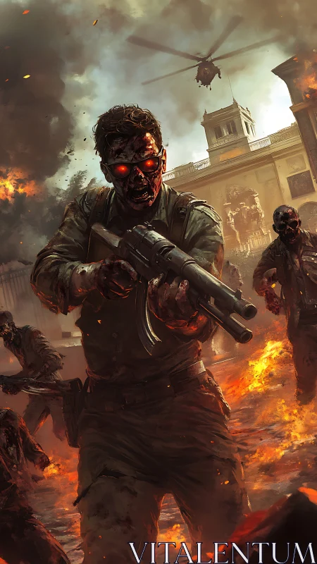 Armed zombie soldiers advance through burning urban street.