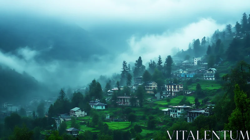 Fog-draped terraced hillside village with verdant monsoon forest