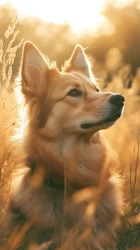 Canine portrait in backlit golden field with shallow depth focus.
