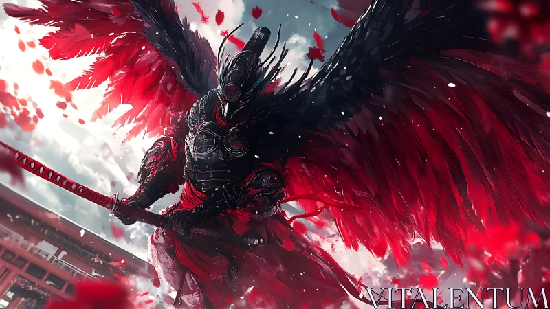 Winged armored swordsman amid red feathers in flight.