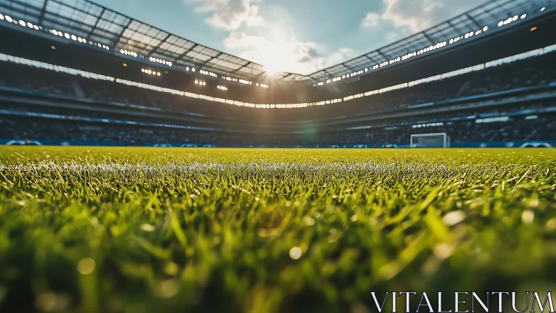 Low-angle depth-of-field view across sunlit soccer pitch grass