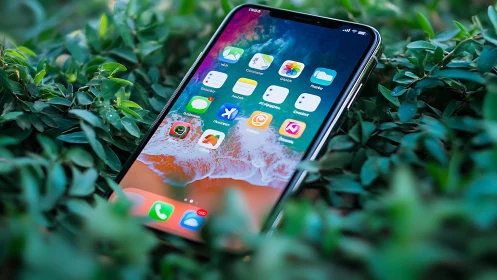iPhone Home Screen Nestled Among Green Foliage Outdoors
