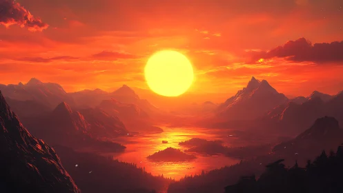 Blazing sun over stylized mountain lake at dramatic dusk