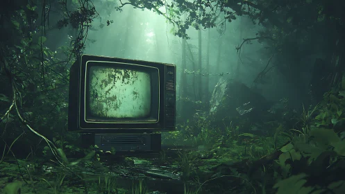 Old cathode-ray television in dense, misty forest clearing.