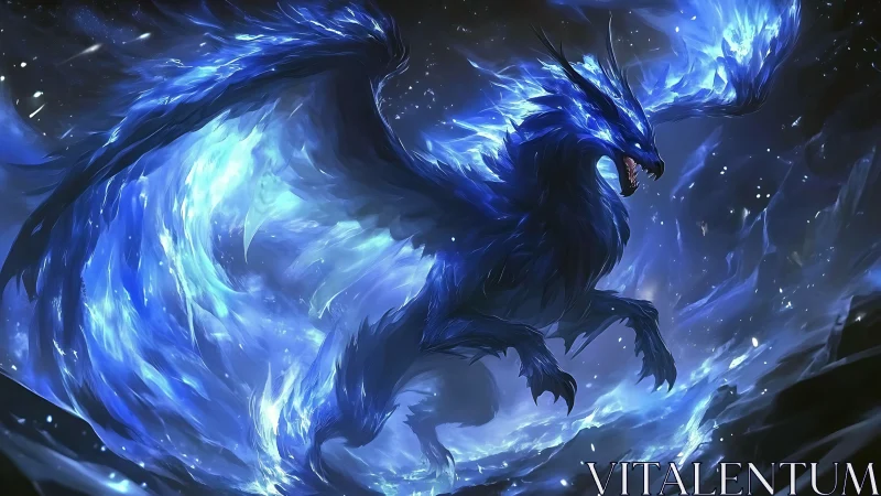 Storm of blue flame engulfs a roaring celestial dragon