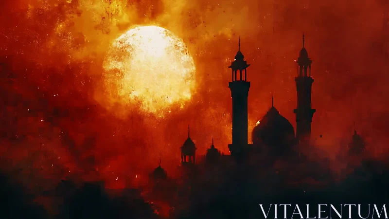 Oversized Incandescent Celestial Body Above Silhouetted Islamic Domes and Minarets