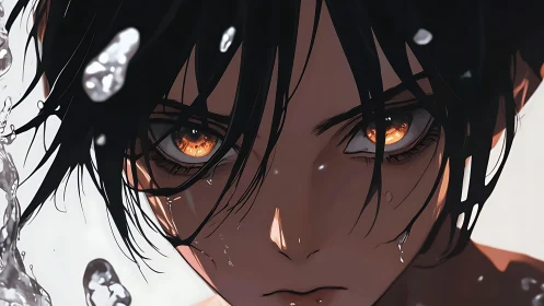 Fierce amber eyes meet falling water in a quiet showdown.