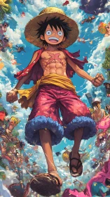 Straw hat character walking above crowd in sky scene.