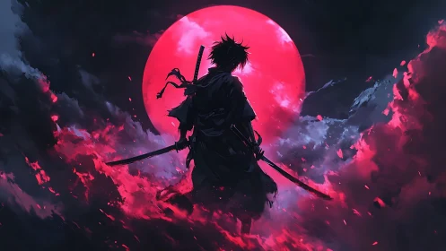 Backlit ronin silhouette under hyper-saturated crimson moon.
