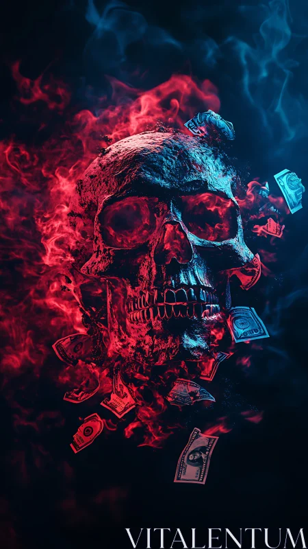 Burning skull with flying money in red blue digital fire.
