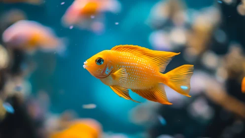 Orange reef fish swims through soft-focus blue aquarium