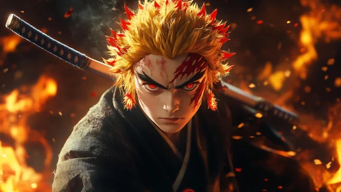 Blazing-eyed anime swordsman strides through roaring embers.