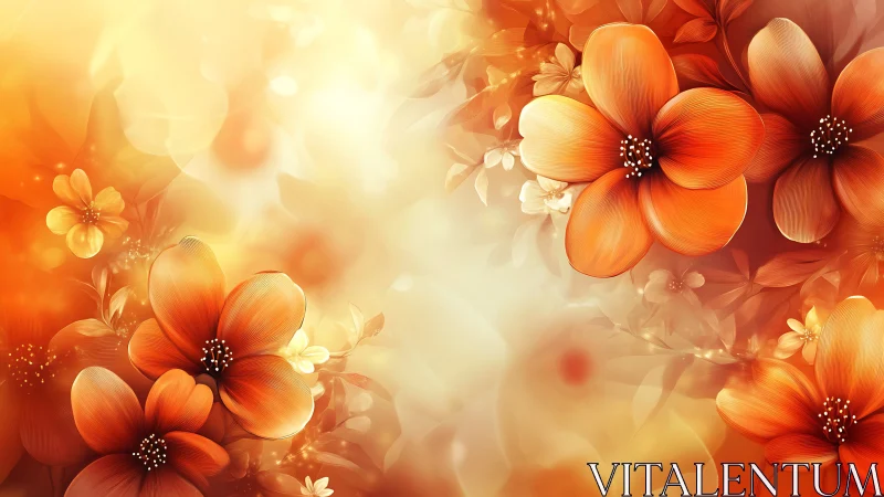 Orange Flowers Bloom Against Warm Light. Digital Art.