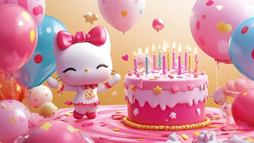 3D-rendered kawaii character with multi-tiered birthday cake among inflated balloons
