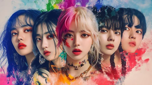 Digital portrait of five women with multicolored paint effects.