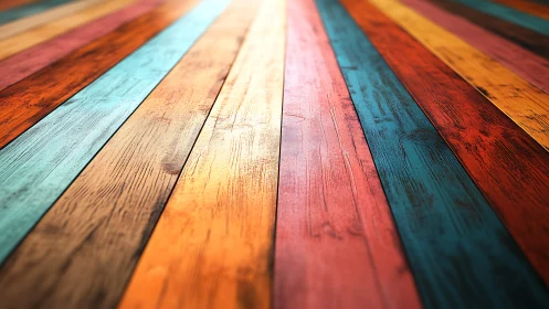 Colorful wooden planks form bold diagonal floor pattern.