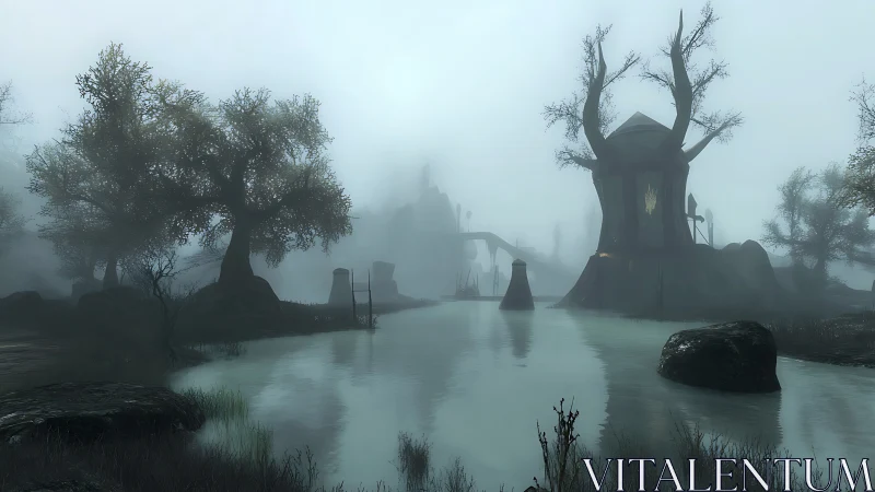 Misty swamp village emerges through eerie blue-grey fog