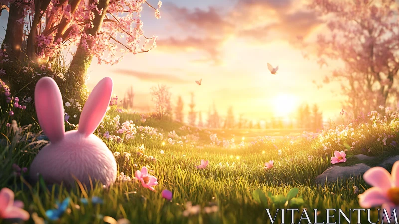 Soft-eared bunny resting in glowing spring meadow at dawn.