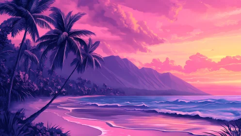 Tropical shoreline under magenta sunset with silhouetted palms.