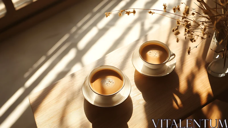Photorealistic morning coffee still life with warm sidelighting.