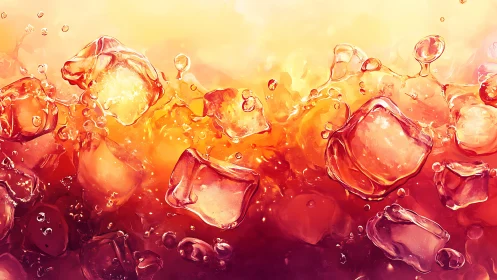 Ice cubes suspended in vivid orange liquid with bubbles