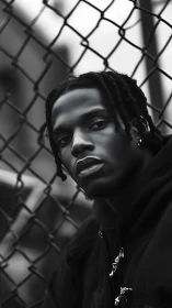 Moody black and white portrait by chain-link fence urban