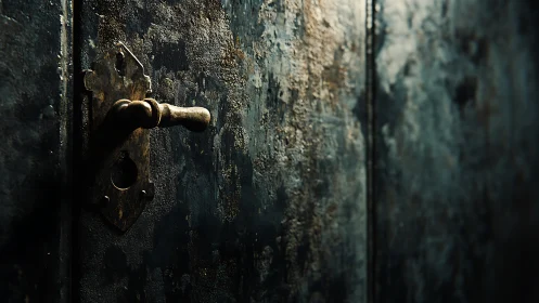 Rusty metal door handle protrudes from corroded surface