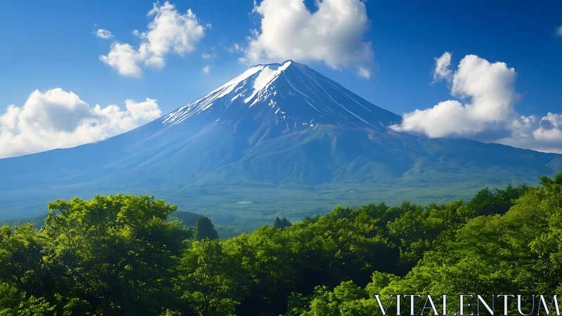Snowcapped volcanic mountain above dense green forest.