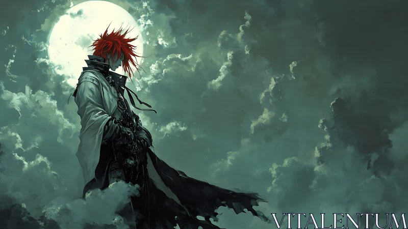 Red haired warrior silhouette before full moon in storm clouds