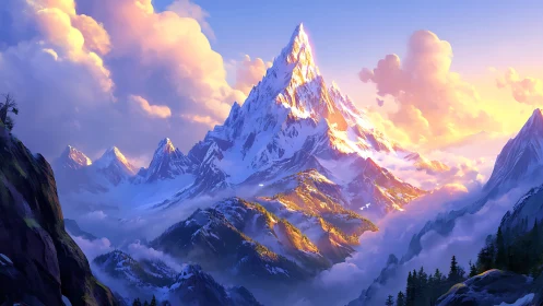 Solar-tinged alpine massif under volumetric cloud illumination.