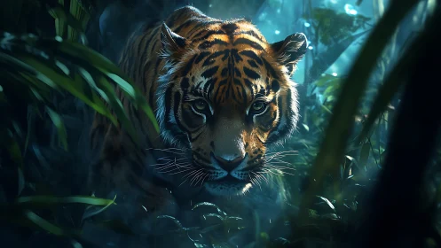 Tiger moves through dense rainforest foliage in dim light