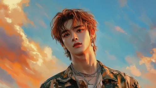 Digitally rendered youth in camo jacket against sky backdrop.
